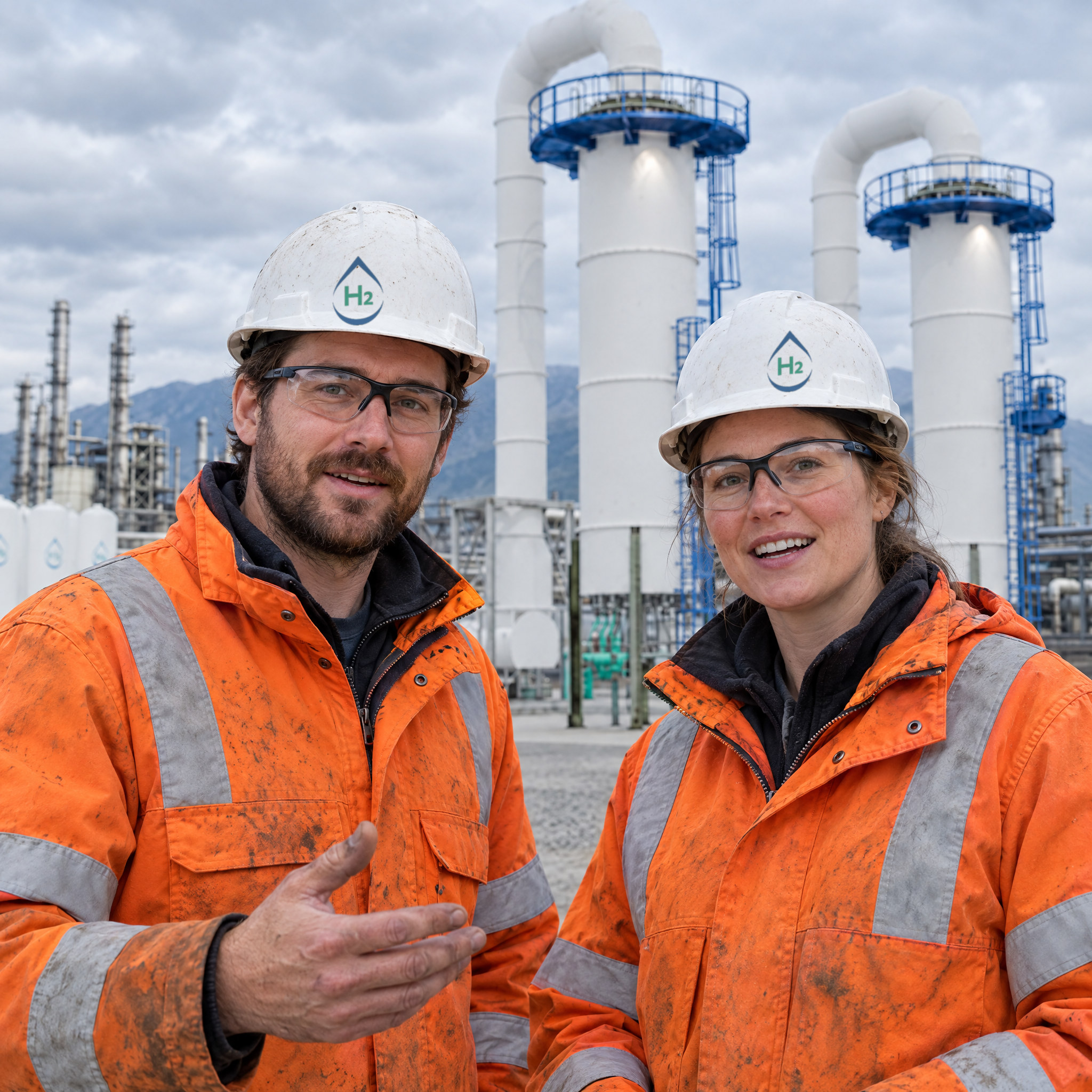 Two engineers in hard hats marked with the Tolero H2 drop at a plant