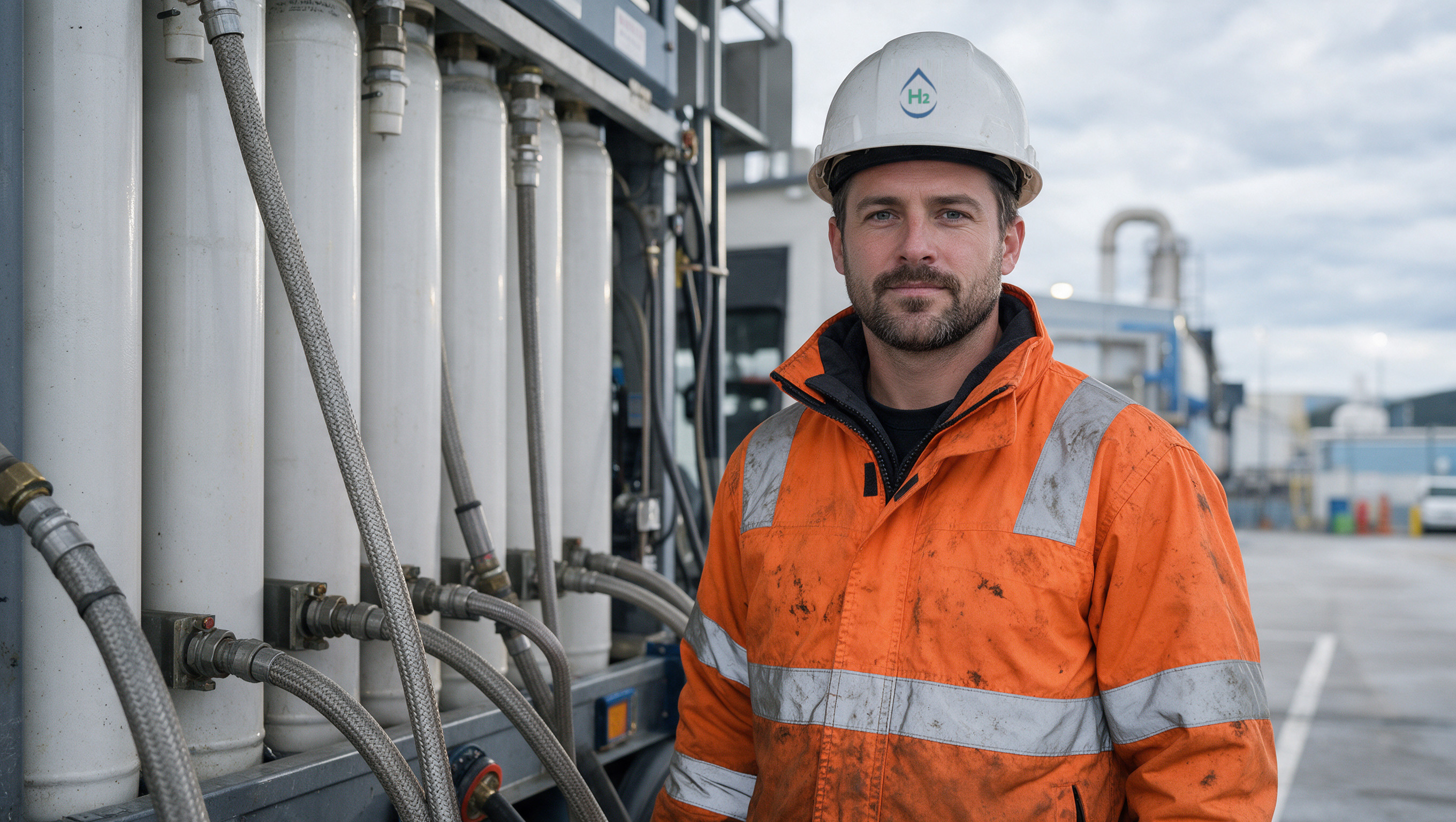 An engineer in a Tolero H2 hard hat beside hydrogen production equipment