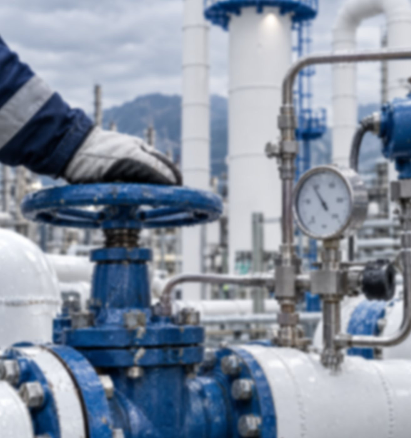 A gloved hand opening a blue valve on hydrogen pipework