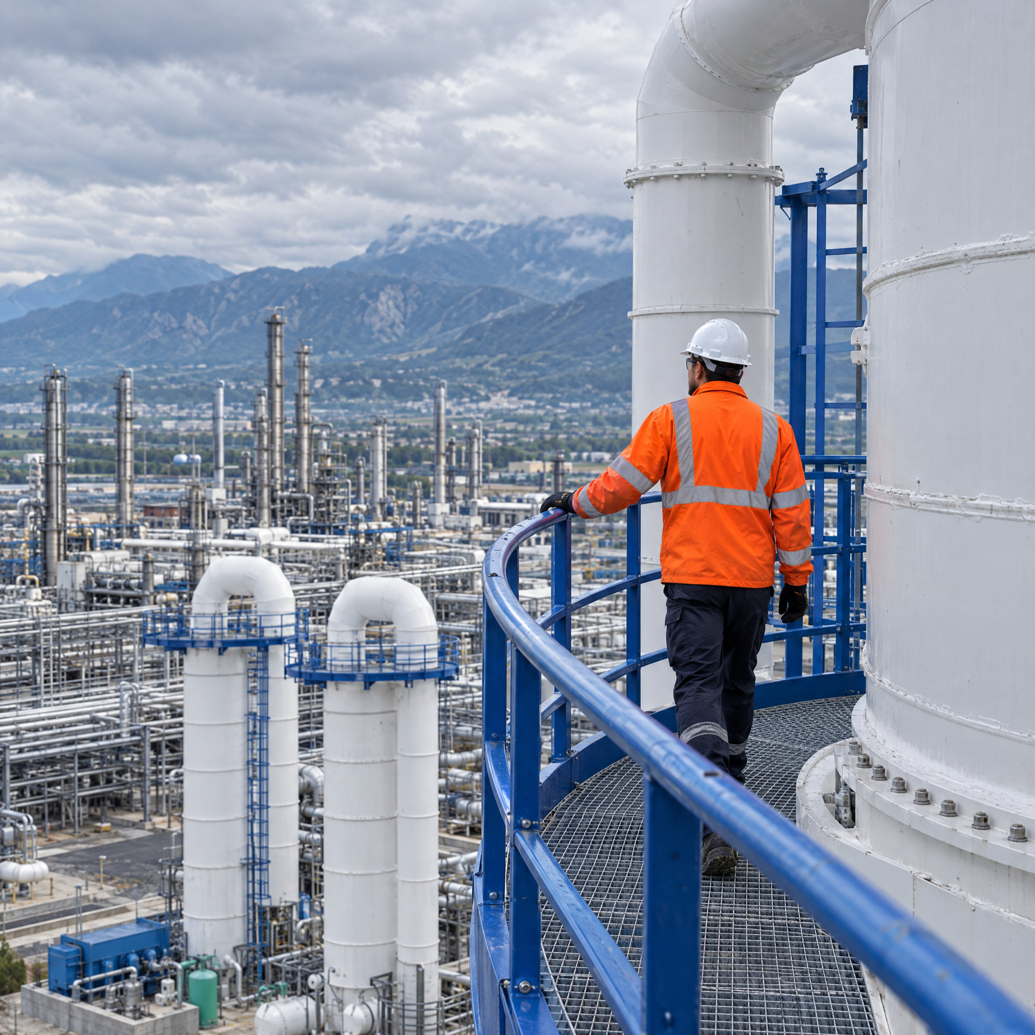 An engineer walking a gantry beside a Tolero tower