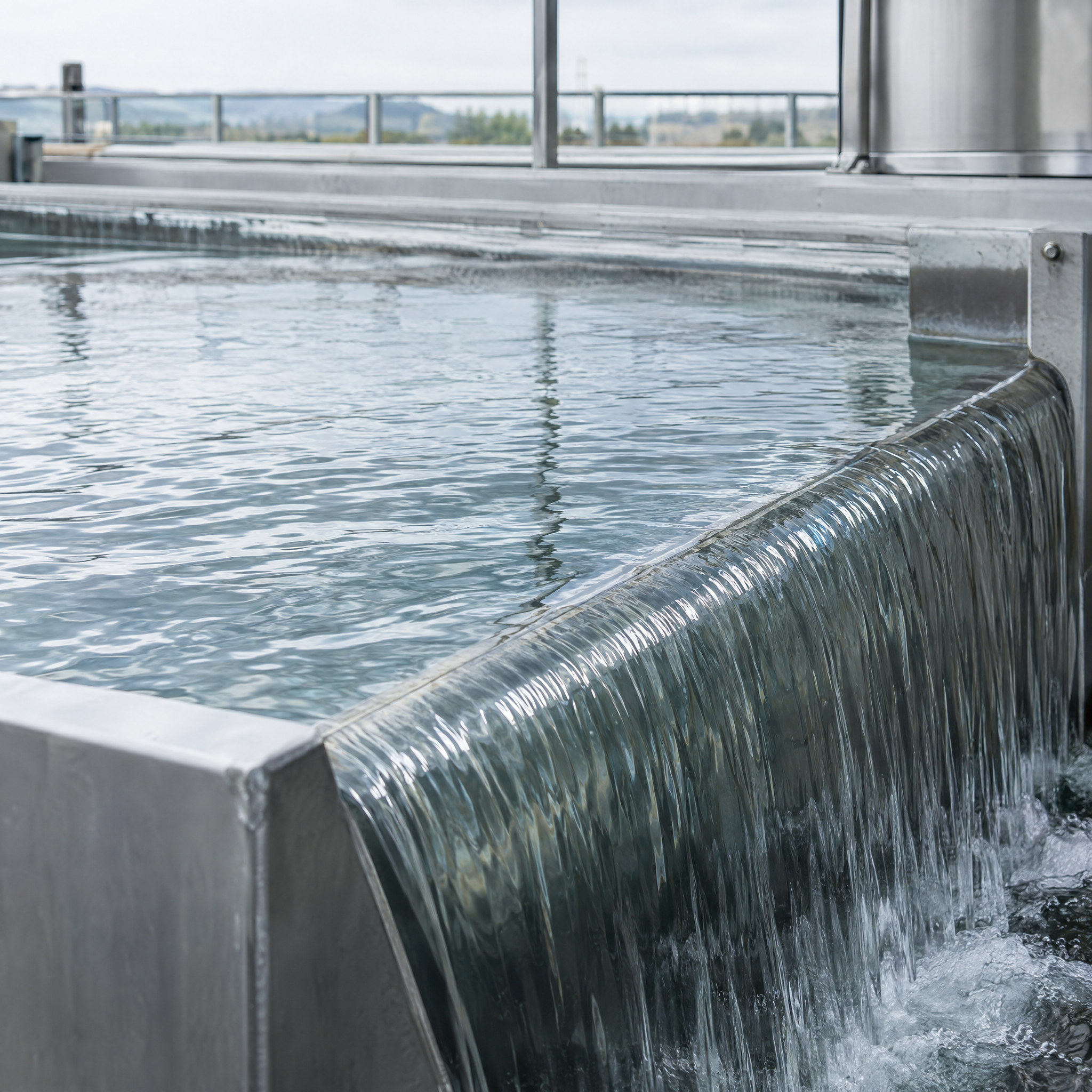 Clean water flowing over a stainless steel weir